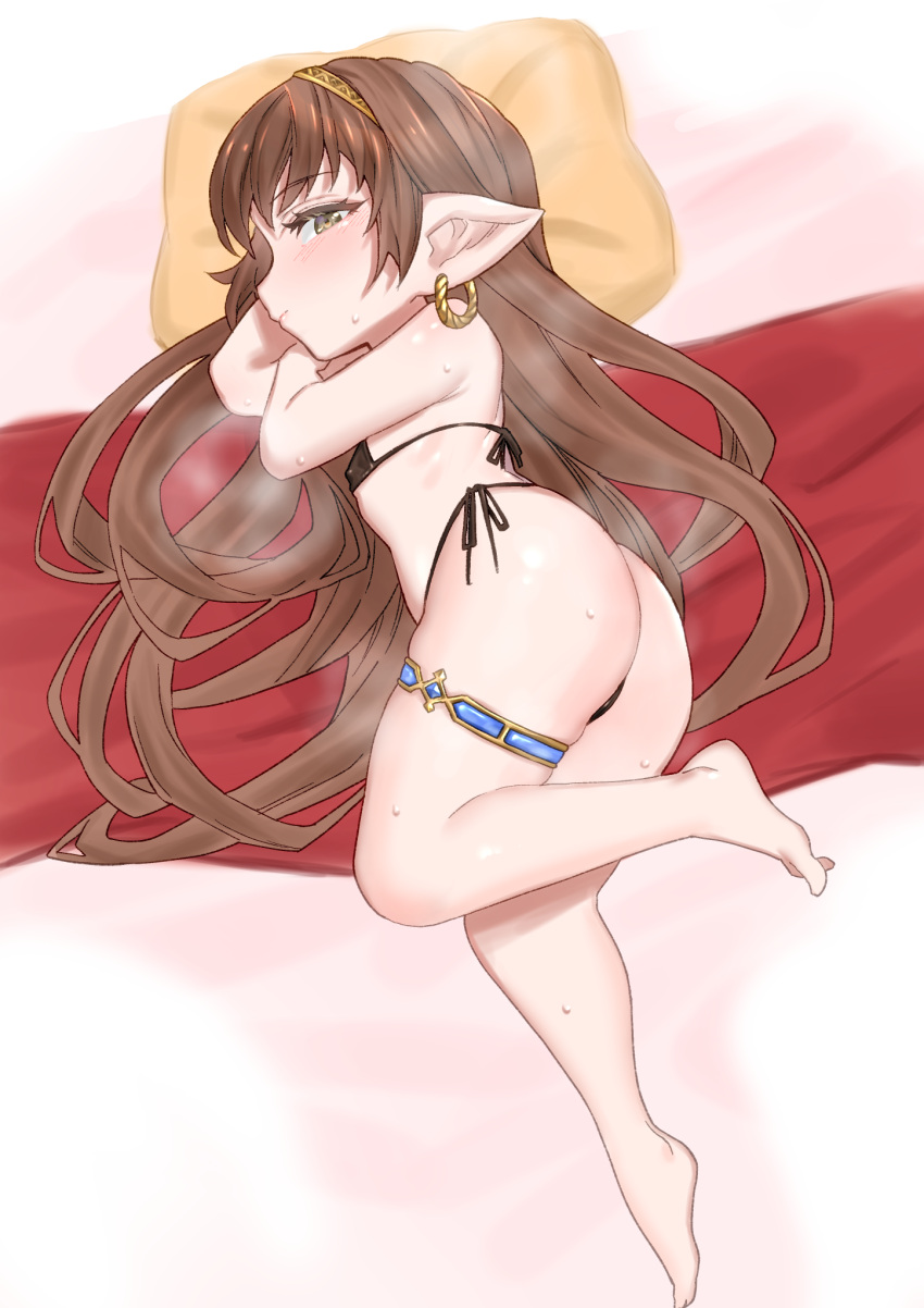 1girl ass barefoot bed bed_sheet bedroom bikini black_bikini blush breasts brown_hair circlet covered_nipples earrings granblue_fantasy haaselia harvin headpiece highleg highleg_bikini highres hoop_earrings indoors jewelry long_hair looking_at_viewer lying meshiya micro_bikini on_bed on_side pillow pointy_ears side-tie_bikini_bottom swimsuit thigh_strap tiara yellow_eyes