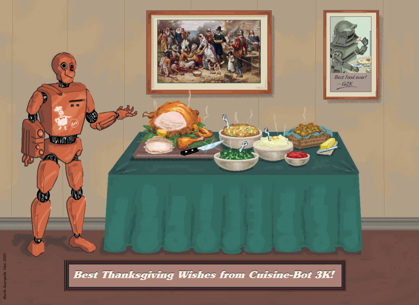 2021 ambiguous_gender cranberry_sauce ctdsnark digital_media_(artwork) feast floor food framed_picture furniture holidays knife machine mashed_potatoes meat pixel_(artwork) portrait_(object) robot solo standing table thanksgiving turkey_meat