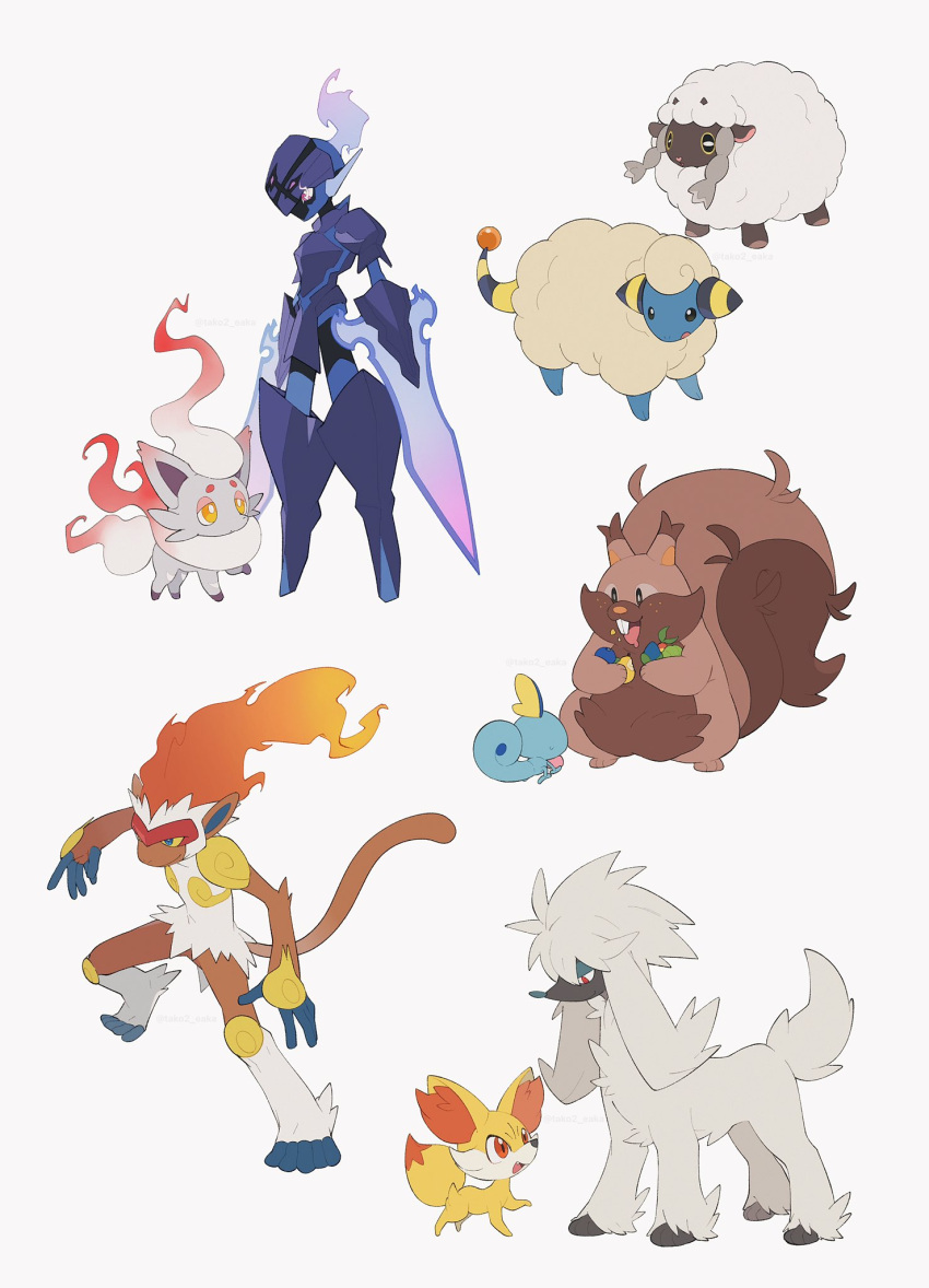 :d bright_pupils ceruledge commentary_request eye_trail fennekin food food_on_face furfrou greedent highres hisuian_zorua holding infernape light_trail mareep open_mouth pokemon pokemon_(creature) simple_background smile sobble standing tako2_eaka white_background white_pupils wooloo yellow_eyes