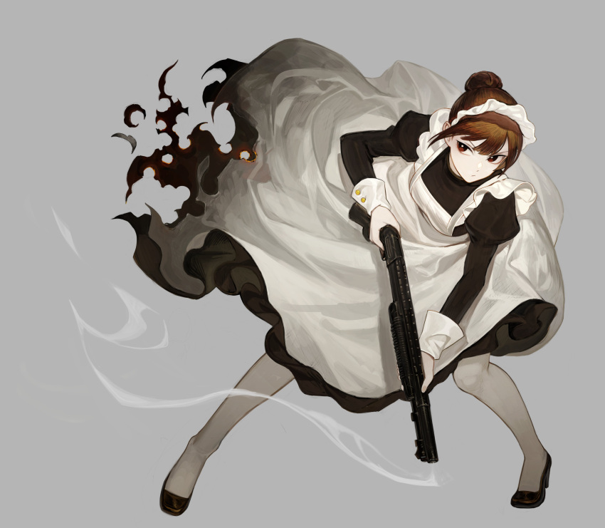 1girl absurdres apron black_dress black_footwear breasts brown_eyes brown_hair burnt_clothes closed_mouth dress fighting_stance floating_clothes floating_hair frilled_apron frills full_body grey_background grey_pantyhose gun hair_bun high_heels highres holding holding_weapon juliet_sleeves leaning_forward legs_apart long_sleeves maid maid_apron maid_headdress original p_(pm_611a) pantyhose puffy_sleeves shotgun sideways_glance simple_background single_hair_bun sleeve_cuffs smoke smoke_trail solo standing torn_clothes torn_dress updo weapon white_apron
