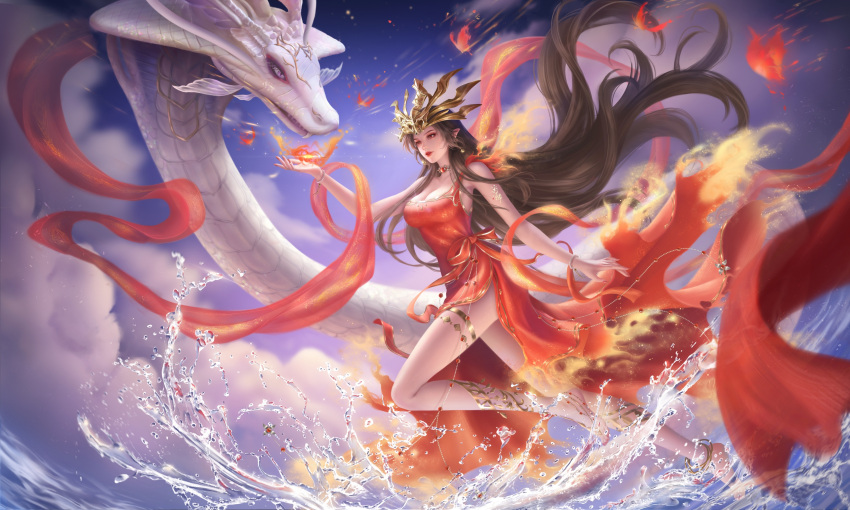 1girl absurdres anklet beads bug butterfly cai_lin_(doupo_cangqiong) cloud collar doupo_cangqiong dress earrings fire floating_hair full_body hair_ornament highres jewelry metal_collar night pointy_ears red_dress second-party_source splashing thighlet water zuizhong_bingqi_xia_xin