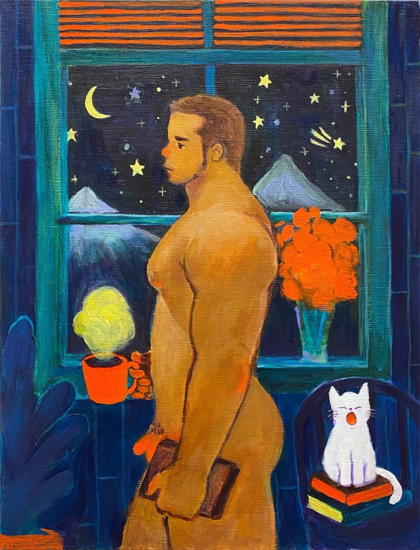 1boy acrylic_paint_(medium) arms_at_sides ass bara beard_stubble blank_censor book book_stack cactus cat censored coffee_mug completely_nude crescent_moon cup curtains dark-skinned_male dark_skin feet_out_of_frame flaccid flower from_side highres holding holding_book holding_cup large_pectorals long_sideburns looking_ahead male_focus male_pubic_hair mature_male moon mount_fuji mountain mug muscular muscular_male night night_sky nipples nude orange_flower original painting_(medium) pectorals penis pubic_hair receding_hairline short_hair sideburns sky solo sparse_pubic_hair standing star_(sky) starry_sky thick_eyebrows thick_thighs thighs torajiro_art traditional_media vase walking white_cat window yawning