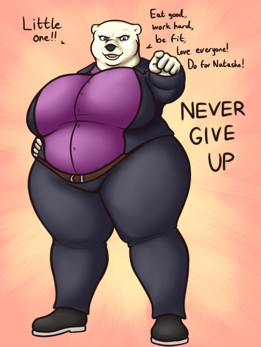 anthro bear big_breasts breasts clothing female hi_res mammal motivational_poster natasha_(oystercatcher7) oystercatcher7 polar_bear slightly_chubby solo suit thick_thighs ursine