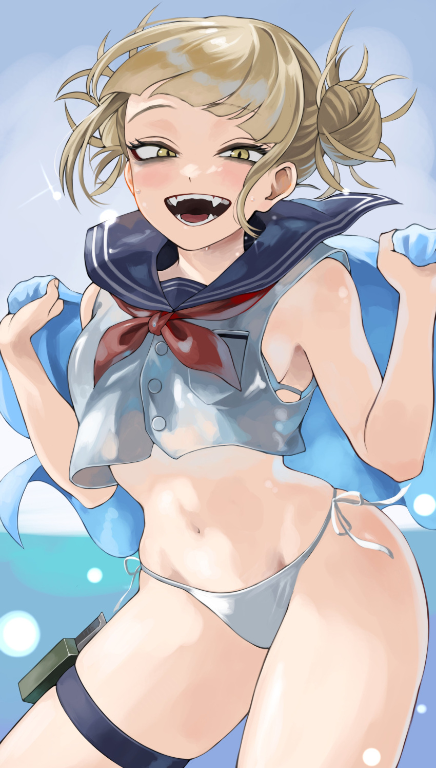 1girl :d absurdres bags_under_eyes bikini blonde_hair blue_sailor_collar boku_no_hero_academia crop_top double_bun fangs fengling_(furin-jp) hair_bun highres holding holding_towel looking_at_viewer messy_hair navel neckerchief open_mouth sailor_collar side-tie_bikini_bottom slit_pupils smile solo swimsuit thigh_strap toga_himiko towel white_bikini yellow_eyes yellow_neckerchief