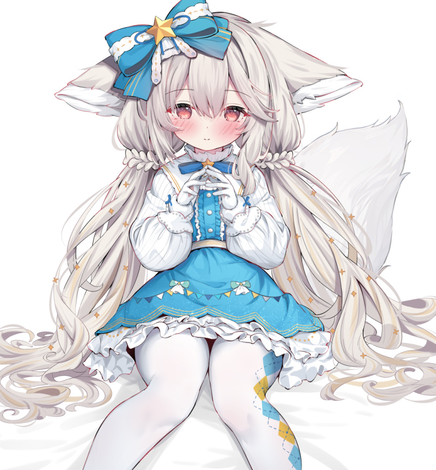 1girl animal_ears argyle argyle_legwear blue_bow blue_dress blue_ribbon blush bow buttons center_frills closed_mouth dot_nose dress eip_(pepai) feet_out_of_frame fox_ears fox_girl fox_tail frilled_dress frills gloves grey_hair hair_between_eyes hair_bow long_hair long_sleeves looking_at_viewer low-tied_long_hair neck_ribbon original pantyhose petticoat pinstripe_pattern raised_eyebrows red_eyes ribbon sakurada_shiro sidelocks simple_background sitting smile solo steepled_fingers straight-on striped tail white_background white_gloves white_pantyhose