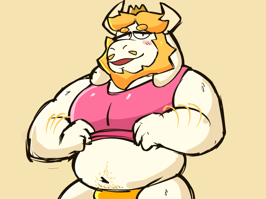 2023 absurd_res anthro arm_hair asgore_dreemurr barazoku beard bedroom_eyes belly big_belly big_muscles blep blush body_hair boss_monster bovid bulge caprine clothed clothing crown eyebrows facial_hair fur goat hair happy_trail headgear hi_res horn janjauwu looking_at_viewer male mammal musclegut muscular muscular_anthro muscular_male narrowed_eyes navel overweight overweight_anthro overweight_male pecs pubes raised_clothing raised_shirt raised_tank_top raised_topwear seductive shirt simple_background smile solo standing tan_background tank_top thong tongue tongue_out topwear tuft undertale undertale_(series) underwear