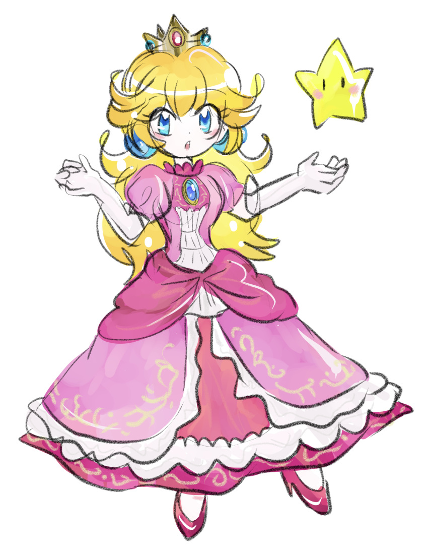 1girl absurdres blonde_hair blue_eyes blue_gemstone chest_jewel collared_dress commentary_request crown dress earrings elbow_gloves eyelashes frilled_dress frills full_body gem gloves gold_headwear high_heels highres jewelry long_dress long_hair mario_(series) mini_crown open_mouth pink_dress princess princess_peach puffy_short_sleeves puffy_sleeves rakugaki_shitagari-ya red_footwear short_sleeves solo sphere_earrings star_(symbol) super_smash_bros. super_star_(mario) teeth upper_teeth_only white_background white_gloves