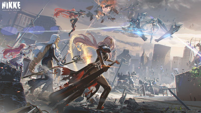 6+girls assault_rifle battle battlefield black_bodysuit blonde_hair bodysuit breasts cinderella_(nikke) cleavage cropped_jacket day destruction dorothy_(nikke) dress explosion fighting_stance firing floating goddess_of_victory:_nikke grey_hair gun headpiece highres holding holding_staff holding_sword holding_weapon jacket large_breasts laser levitation long_hair mage_staff midair multiple_girls official_art outdoors pink_hair rapture_(nikke) rapunzel_(nikke) red_hair red_hood_(nikke) red_jacket red_scarf rifle scarf scarlet_(nikke) second-party_source sniper_rifle snow_white:_innocent_days_(nikke) snow_white_(nikke) staff sword very_long_hair walking weapon white_dress white_hair wisda