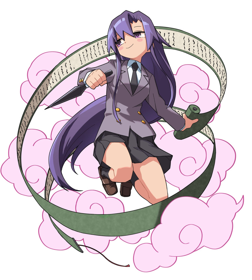 1girl black_skirt black_socks breasts closed_mouth collared_shirt goshiki_agiri grey_jacket highres holding holding_scroll holding_weapon jacket kill_me_baby kunai long_hair long_sleeves necktie pleated_skirt purple_eyes purple_hair reverse_grip school_uniform scroll shirt shoes simple_background skirt socks solo very_long_hair weapon white_shirt yachima_tana