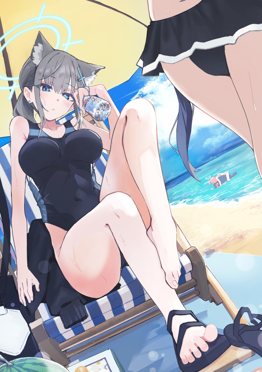 3girls absurdres animal_ear_fluff animal_ears bare_arms bare_legs barefoot beach beach_chair beach_umbrella black_one-piece_swimsuit blue_archive blue_eyes blue_sky bottle breasts cloud commentary competition_swimsuit covered_navel earrings extra_ears feet grey_hair halo head_tilt highres holding holding_bottle hoshino_(blue_archive) hoshino_(swimsuit)_(blue_archive) jewelry kilabo knee_up large_breasts legs looking_at_viewer medium_hair mismatched_pupils multiple_girls ocean official_alternate_costume one-piece_swimsuit sand sandals serika_(blue_archive) serika_(swimsuit)_(blue_archive) shiroko_(blue_archive) shiroko_(swimsuit)_(blue_archive) sketch sky solo_focus stud_earrings swimsuit symbol-only_commentary toenails toes umbrella water water_bottle wet wolf_ears wolf_girl