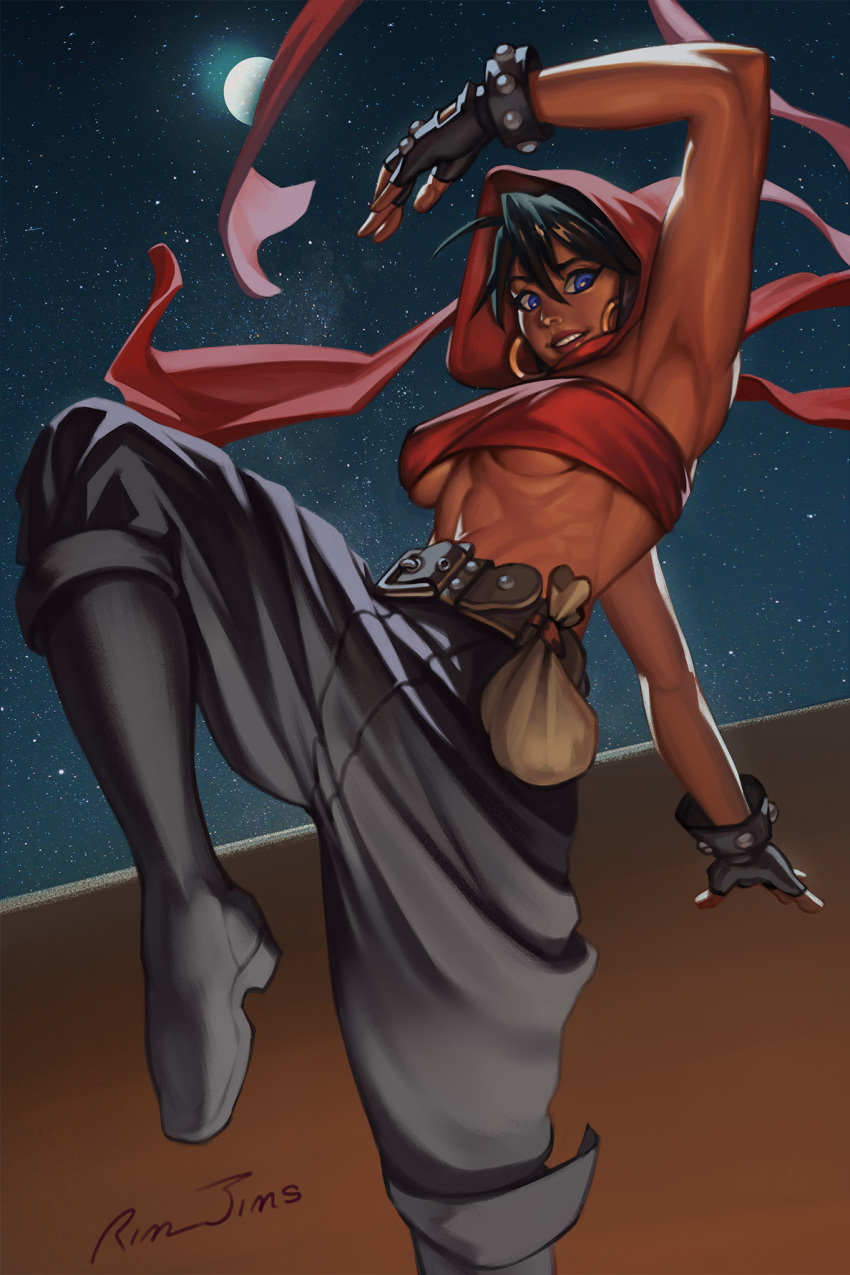 1girl abs blue_eyes boots breasts capcom dark_skin dungeons_&amp;_dragons:_shadow_over_mystara dungeons_and_dragons earrings gloves highres hood jewelry looking_down moon moriah night night_sky rim_jims scarf sky smile solo thief toned underboob