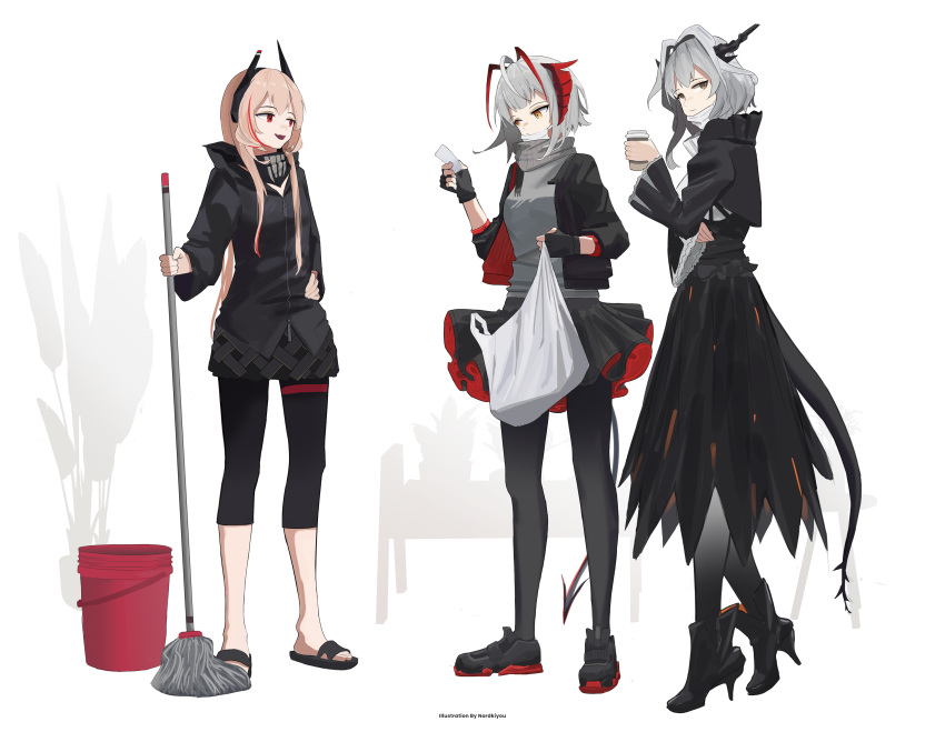 3girls absurdres ahoge antennae arknights artist_name black_dress black_footwear black_gloves black_jacket black_pants black_pantyhose black_skirt brown_eyes bucket closed_mouth creator_connection crossover cup demon_horns demon_tail dragon_girl dragon_horns dragon_tail dress fang fingerless_gloves frilled_dress frills full_body girls'_frontline gloves grey_hair grey_sweater hair_intakes headgear high_heels highres holding holding_cup holding_mop horns jacket long_hair looking_at_another looking_at_viewer m4_sopmod_ii_(girls'_frontline) mask medium_hair mop mouth_mask multicolored_hair multiple_girls northkiyou open_mouth pants pantyhose pink_hair red_eyes red_hair red_skirt sidelocks skirt smile standing streaked_hair sweater tail talulah_(arknights) turtleneck turtleneck_sweater two-tone_skirt w_(arknights) white_background wide_sleeves yellow_eyes yoga_pants