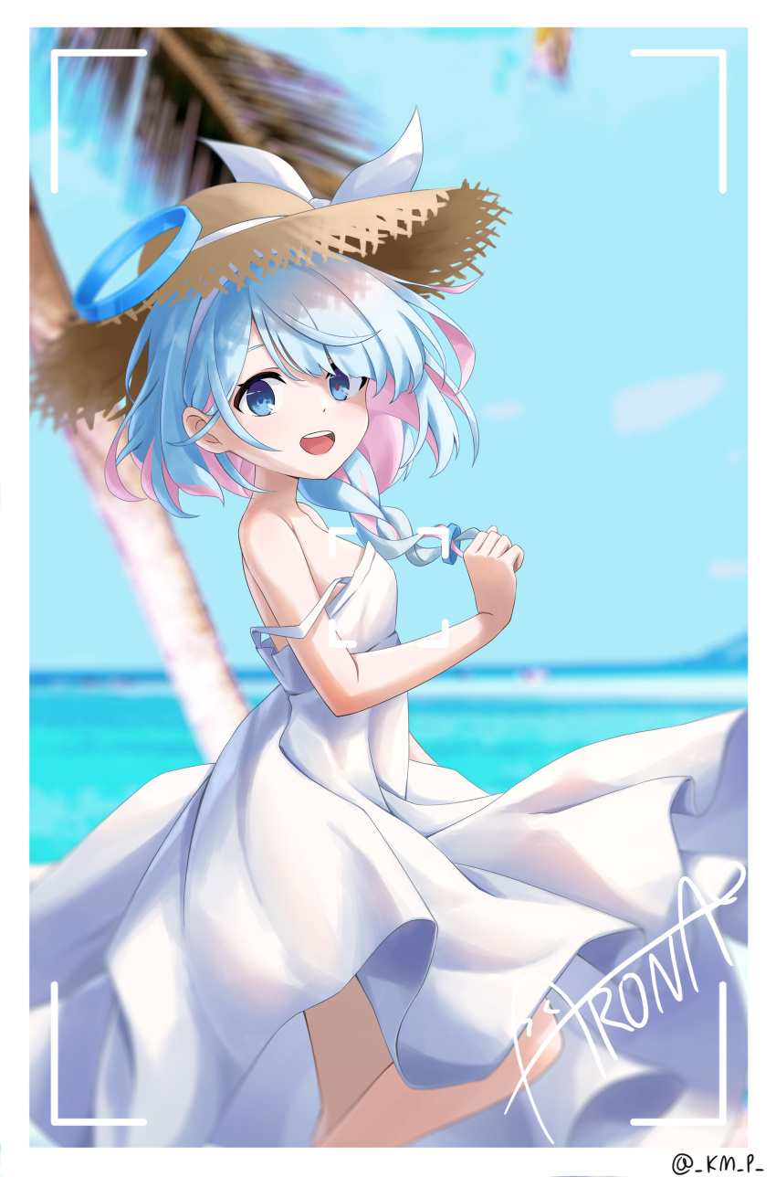 1girl :d absurdres arona_(blue_archive) artist_name bare_shoulders blue_archive blue_eyes blue_hair blue_halo blue_pupils blurry blurry_background border braid breasts colored_inner_hair depth_of_field dress from_side hairband halo hat highres kenma_pro light_blue_hair looking_at_viewer mismatched_pupils multicolored_hair open_mouth outdoors pink_hair red_pupils ribbon short_hair side_braid single_braid small_breasts smile solo strap_slip straw_hat sundress teeth twitter_username two-tone_hair upper_teeth_only viewfinder white_border white_dress white_hairband white_ribbon