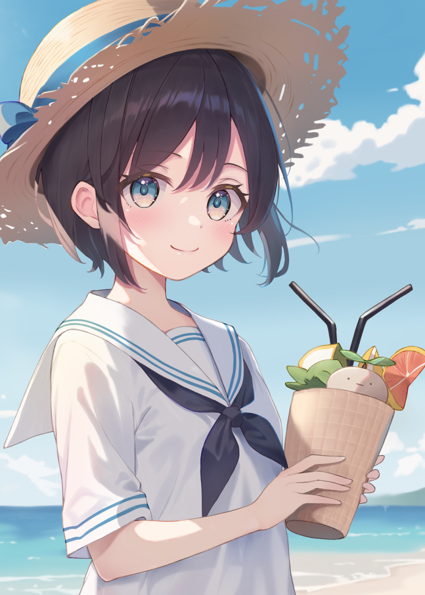 1girl beach black_hair blue_eyes blue_neckerchief blue_sky blush brown_headwear closed_mouth cup day drinking_straw food fruit hat highres holding holding_cup looking_at_viewer neckerchief ocean original outdoors sailor_collar sailor_shirt shirt short_hair sky smile solo straw_hat upper_body white_sailor_collar white_shirt yunarebun