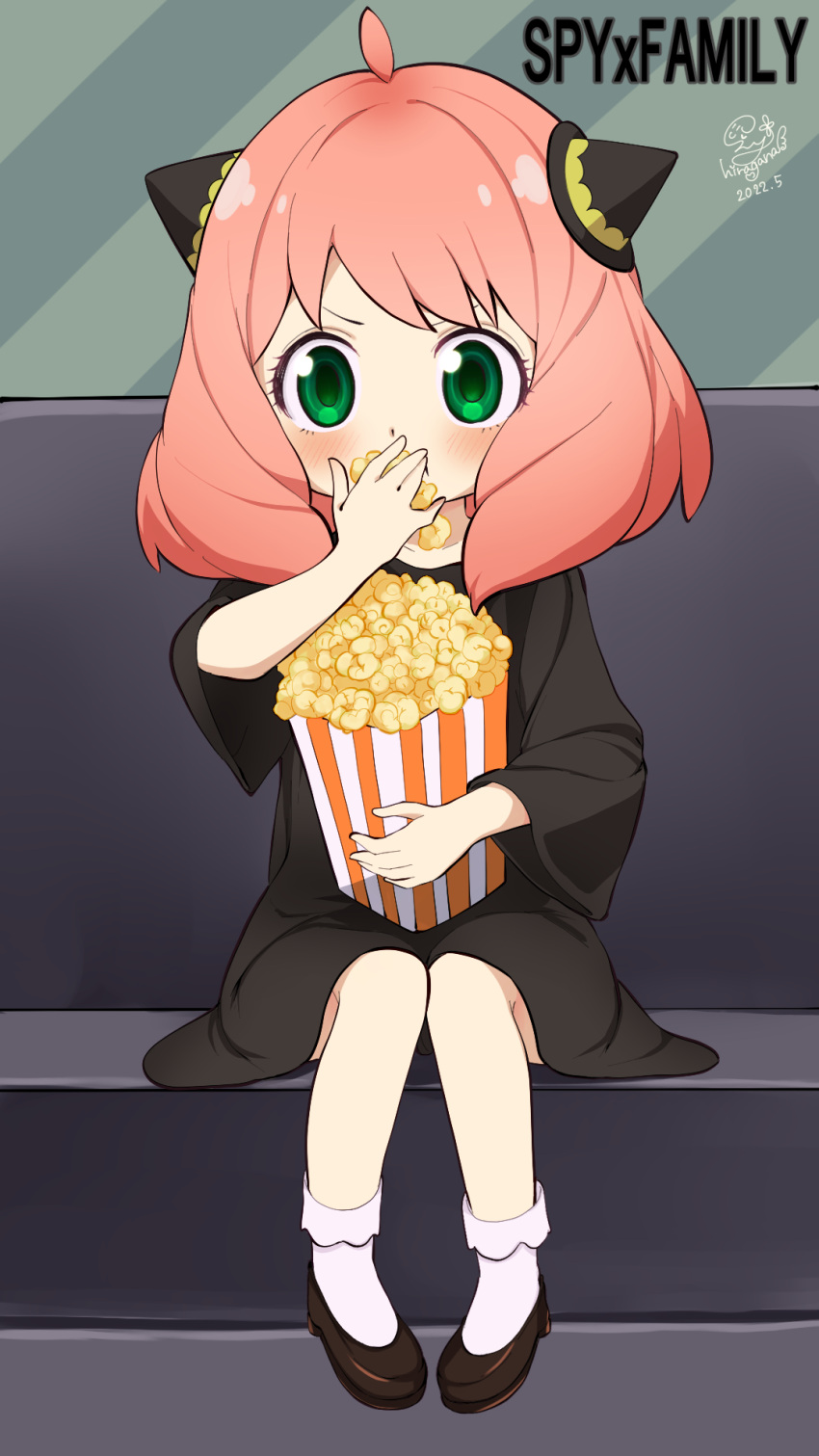 1girl anya_(spy_x_family) black_dress black_footwear child copyright_name couch dress eating food green_eyes hairpods high_heels highres hiragana_sherry holding holding_food pink_hair popcorn short_hair sitting socks solo spy_x_family white_socks