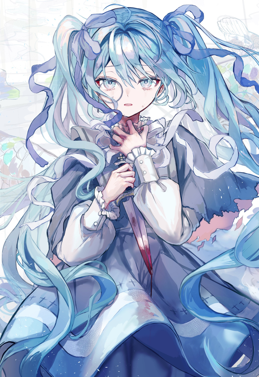 absurdres ahoge animal_background aqua_eyes aqua_hair blood blood_on_hands blood_on_weapon blue_ribbon capelet commentary dagger dress frilled_dress frilled_sleeves frills frown gehenna_(vocaloid) grey_capelet grey_dress hair_intakes hair_ribbon hatsune_miku highres holding holding_dagger holding_knife holding_weapon knife koi long_hair long_sleeves looking_at_viewer monocle neck_ribbon pipi ribbon sidelocks straight-on swept_bangs tears twintails very_long_hair vocaloid weapon