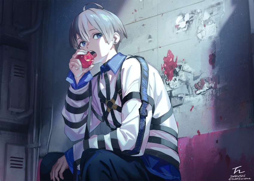 1boy ahoge apple black_pants blue_eyes blue_shirt cropped_legs double-parted_bangs earrings eating es_(milgram) food fruit graffiti grey_hair hair_between_eyes harusame_tsubaki highres industrial_pipe jewelry male_focus milgram open_mouth pants shirt sidelocks sitting sticker transformer wall white_shirt wiring