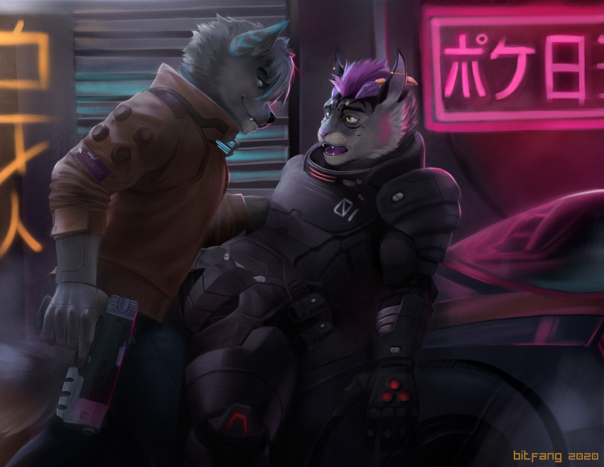 absurd_res anthro anthro_on_anthro bitfang canid canine clothed clothing cyberpunk_2077 duo ear_piercing fangs felid feline gun hair hi_res holding_gun holding_object holding_weapon interspecies japanese_text male male/male mammal open_mouth piercing purple_hair ranged_weapon smile tail teeth text weapon