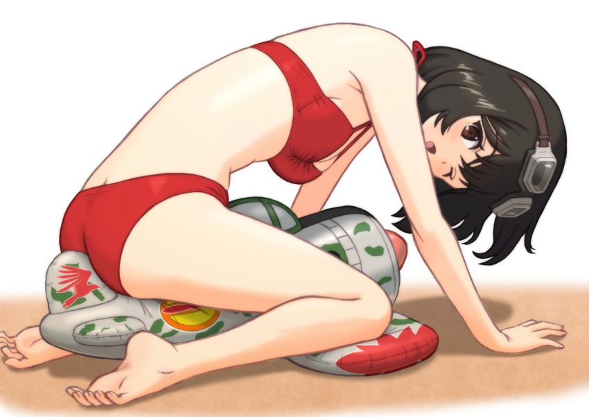 1girl aircraft airplane all_fours azumasix barefoot bikini black_hair breasts brown_eyes cleavage goggles goggles_on_head inflatable_toy kirie_(kouya_no_kotobuki_hikoutai) kouya_no_kotobuki_hikoutai medium_breasts one_eye_closed red_bikini short_hair solo swimsuit