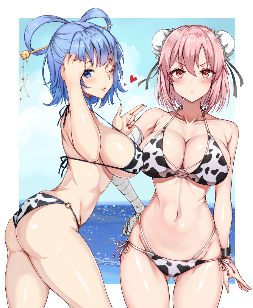 2girls absurdres adapted_costume alternate_costume amagi_(amagi626) animal_print ass ass_visible_through_thighs bandaged_arm bandages bikini blue_eyes blue_hair blush breasts bun_cover cleavage closed_mouth collarbone cow_print cowboy_shot cuffs double_bun hair_bun hair_ornament hair_rings hair_stick halterneck heart highres ibaraki_kasen kaku_seiga large_breasts looking_at_viewer medium_hair multiple_girls navel ocean one_eye_closed parted_lips pink_eyes pink_hair shackles side-tie_bikini_bottom sideboob smile standing stomach string_bikini swimsuit touhou