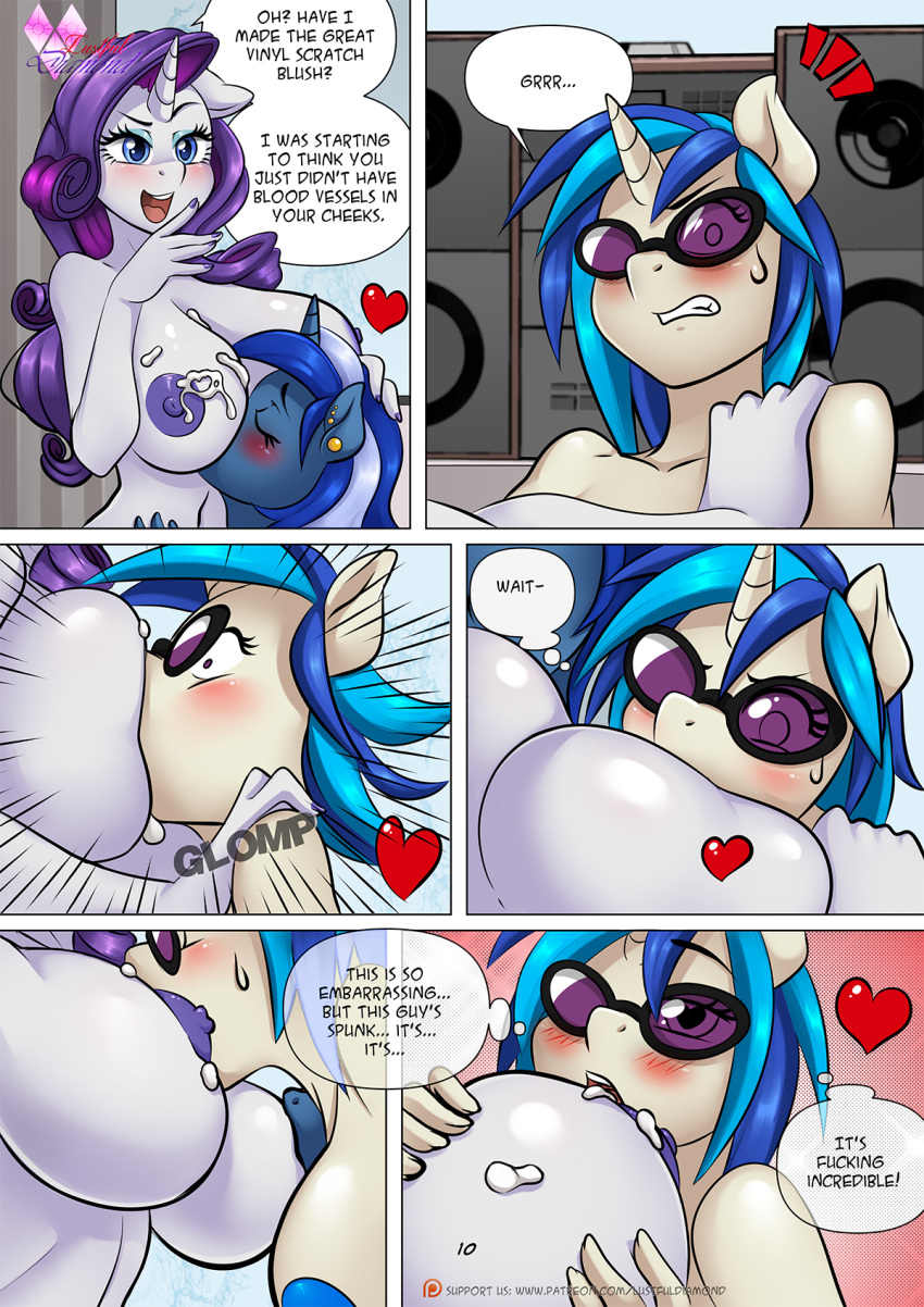 &lt;3 anthro anthrofied areola big_breasts blush bodily_fluids breast_lick breast_play breasts cabrony comic cum cum_on_breasts dialogue english_text equid equine eyewear female female/female friendship_is_magic genital_fluids group hasbro hi_res horn licking licking_cum mammal minuette_(mlp) my_little_pony nipples nude pia-sama rarity_(mlp) sunglasses text tongue tongue_out trio unicorn vinyl_scratch_(mlp)