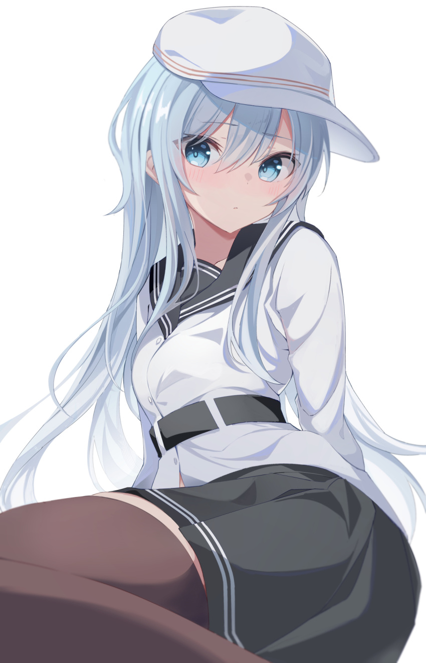1girl black_sailor_collar black_skirt blue_eyes blush breasts brown_thighhighs buttons closed_mouth fathom grey_hair hair_between_eyes hat hibiki_(kancolle) highres kantai_collection long_hair long_sleeves looking_at_viewer pleated_skirt sailor_collar sailor_shirt shirt simple_background skirt small_breasts solo thighhighs verniy_(kancolle) white_background white_headwear white_shirt