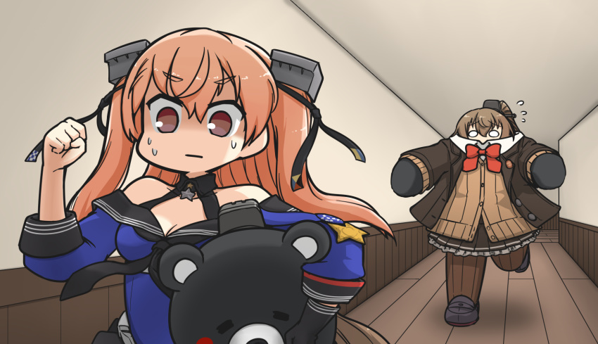 2girls black_gloves black_neckerchief black_sailor_collar blank_eyes blue_shirt bow bowtie breasts brown_cardigan brown_eyes brown_hair cardigan chasing cleavage commentary commission english_commentary fleeing flying_sweatdrops gloves hallway hamu_koutarou high_ponytail highres holding johnston_(kancolle) kantai_collection kumano_(kancolle) long_hair long_sleeves mixed-language_commentary multiple_girls neckerchief off-shoulder_shirt off_shoulder pixiv_commission red_bow red_bowtie sailor_collar school_uniform shirt single_glove star_ornament thick_eyebrows twintails wide_oval_eyes wooden_floor