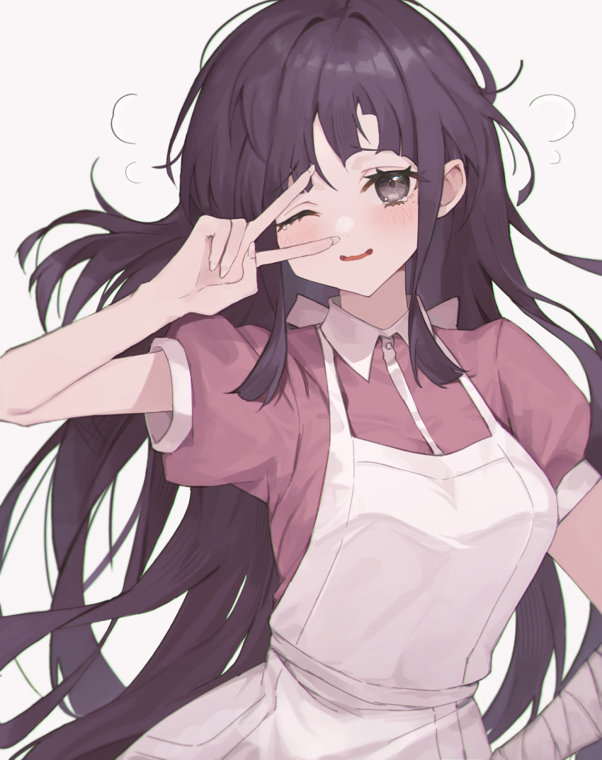 1girl apron bandaged_arm bandages black_hair blush breasts collared_shirt danganronpa_(series) danganronpa_2:_goodbye_despair highres large_breasts long_hair looking_at_viewer mole mole_under_eye one_eye_closed open_mouth puffy_short_sleeves puffy_sleeves shirt short_sleeves simple_background smile solo takasumikei tsumiki_mikan upper_body v white_apron white_background