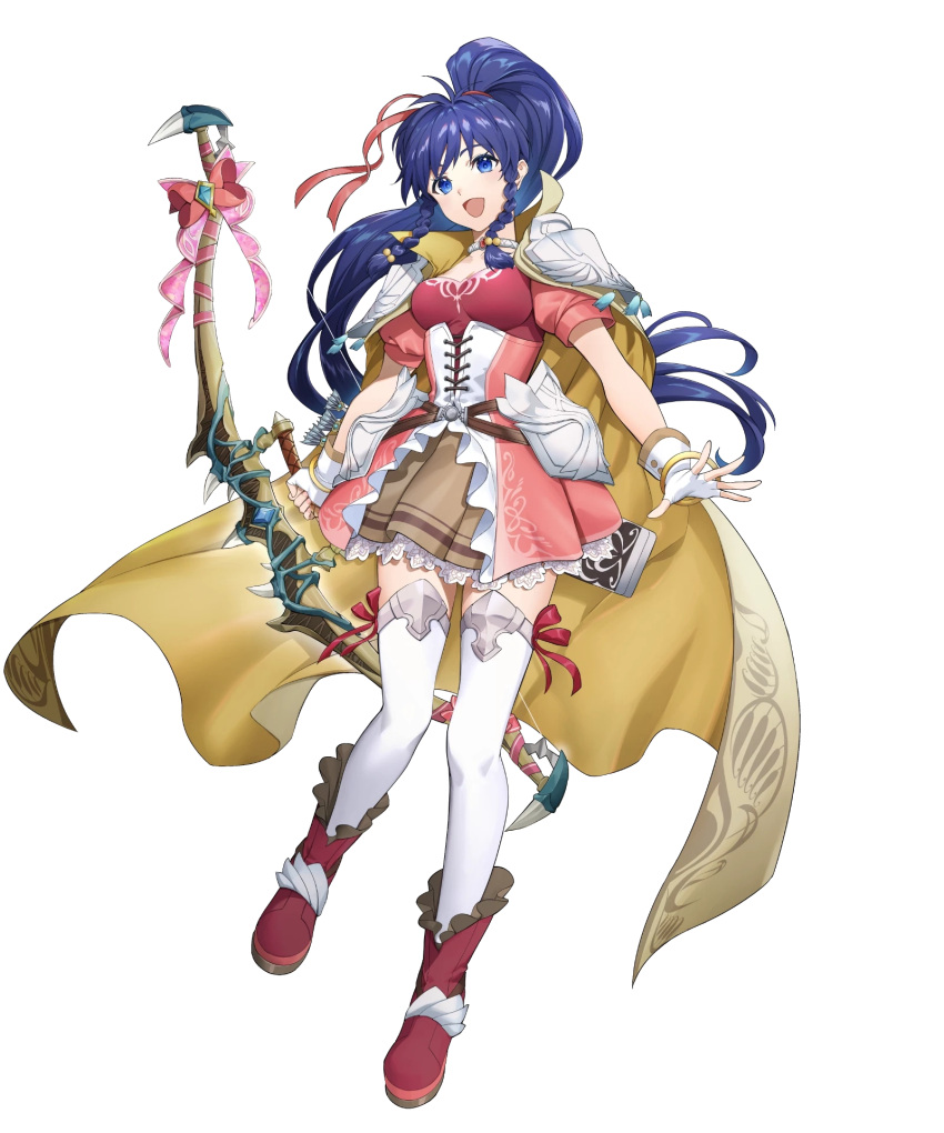 1girl ankle_boots armor arrow_(projectile) blue_eyes blue_hair boots bow_(weapon) braid breasts cape collar corset faulds fingerless_gloves fire_emblem fire_emblem:_the_sacred_stones fire_emblem_heroes frills full_body gloves hair_ornament high_ponytail highres holding holding_weapon jewelry long_hair medium_breasts mikurou_(nayuta) non-web_source official_art open_mouth ponytail puffy_short_sleeves puffy_sleeves quiver ribbon short_sleeves shoulder_armor sidelocks skirt smile solo tana_(fire_emblem) thighhighs transparent_background weapon zettai_ryouiki