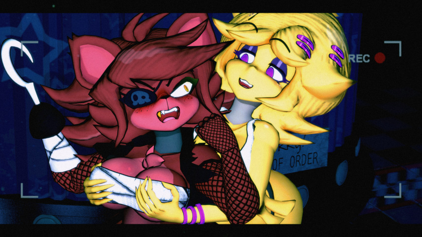 2023 3d_(artwork) absurd_res accessory animatronic anthro avian bandage bandaged_chest big_breasts big_butt bird blonde_hair blush breast_grab breasts bubble_butt butt camera_view canid canine chica_(cally3d) chica_(fnaf) chicken cleavage clothed clothing crop_top curvaceous curvy_figure detailed_background digital_media_(artwork) duo eye_patch eyelashes eyeliner eyeshadow eyewear feathers female female/female fingers fishnet fishnet_armwear five_nights_at_freddy's fox foxy_(cally3d) foxy_(fnaf) fredina's_nightclub fur galliform gallus_(genus) grabbing_from_behind hair hair_accessory hairpin hand_on_breast hi_res hook huge_butt machine makeup mammal multicolored_body multicolored_fur open_mouth panties phasianid purple_eyes red_body red_fur red_hair robot scottgames shirt skimpy smile source_filmmaker teeth themanwithaquest tongue topwear two_tone_body two_tone_fur under_boob underwear vest voluptuous wide_hips yellow_body yellow_eyes yellow_feathers