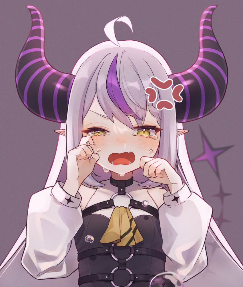 1girl ahoge angry ascot braid crying fang highres hololive horns la+_darknesss long_hair multicolored_hair neko_no_fuji pointy_ears puffy_sleeves purple_hair skin_fang streaked_hair striped_horns tears virtual_youtuber white_hair yellow_ascot yellow_eyes
