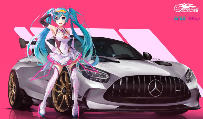 1girl absurdres arm_behind_back blue_eyes blue_gloves breasts car character_name copyright_name covered_navel elbow_gloves english_commentary eyewear_on_head figure gloves goodsmile_racing grey_gloves hair_between_eyes hatsune_miku highres leotard logo long_hair looking_at_viewer medium_breasts mercedes-benz mercedes-benz_amg_gt motor_vehicle necktie nougat_(73r1r1) pink_background pink_necktie racing_miku racing_miku_(2021) reflection shadow short_necktie skirt solo spoiler_(automobile) sunglasses thighhighs twintails two-tone_gloves vehicle_focus very_long_hair vocaloid white_footwear white_leotard white_skirt white_thighhighs