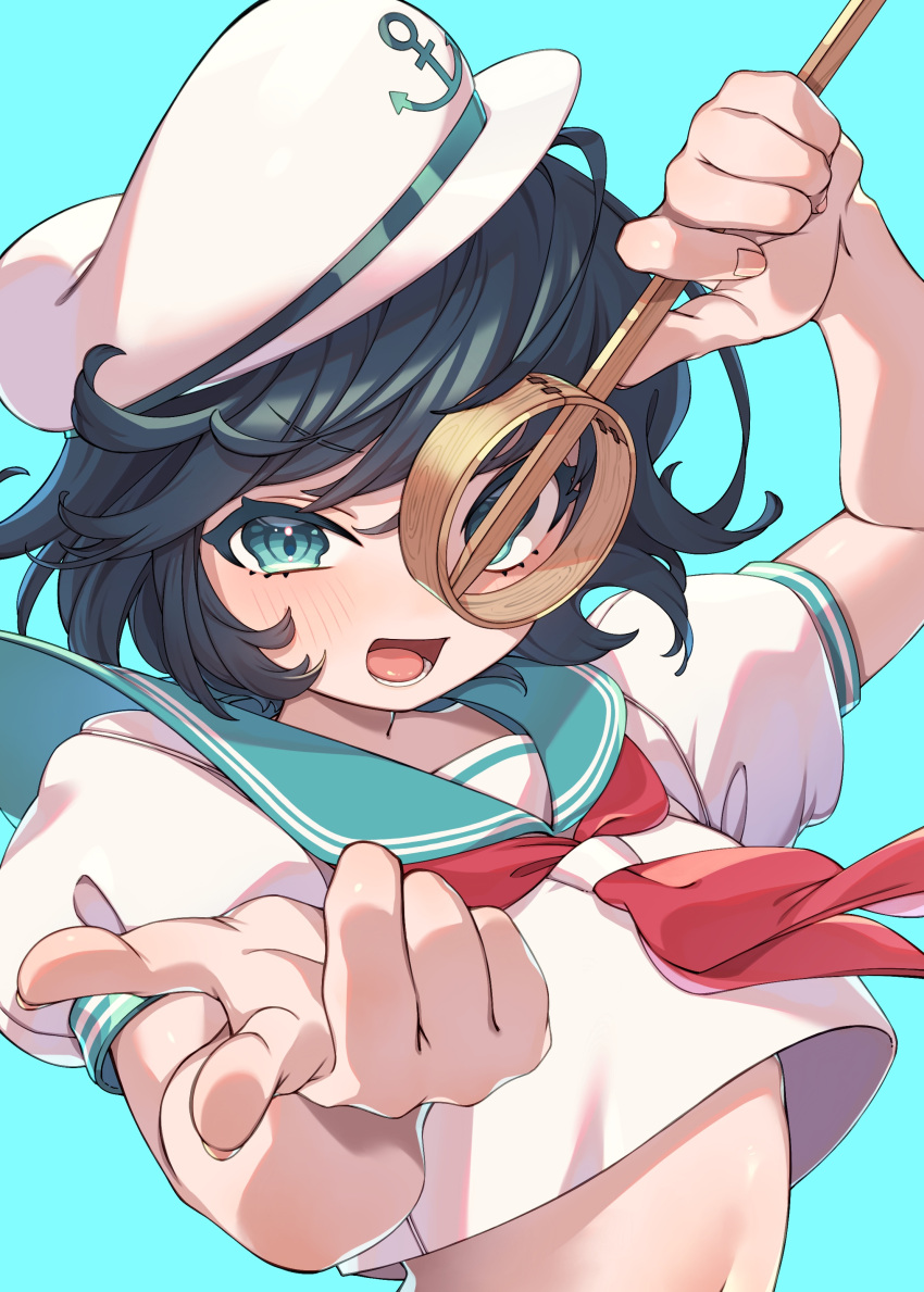 1girl absurdres anchor_symbol aqua_eyes black_hair blue_background commentary_request e_sdss hand_up hat highres hishaku holding looking_at_viewer murasa_minamitsu neckerchief open_mouth red_neckerchief sailor_hat shirt short_hair short_sleeves simple_background solo touhou white_headwear white_shirt