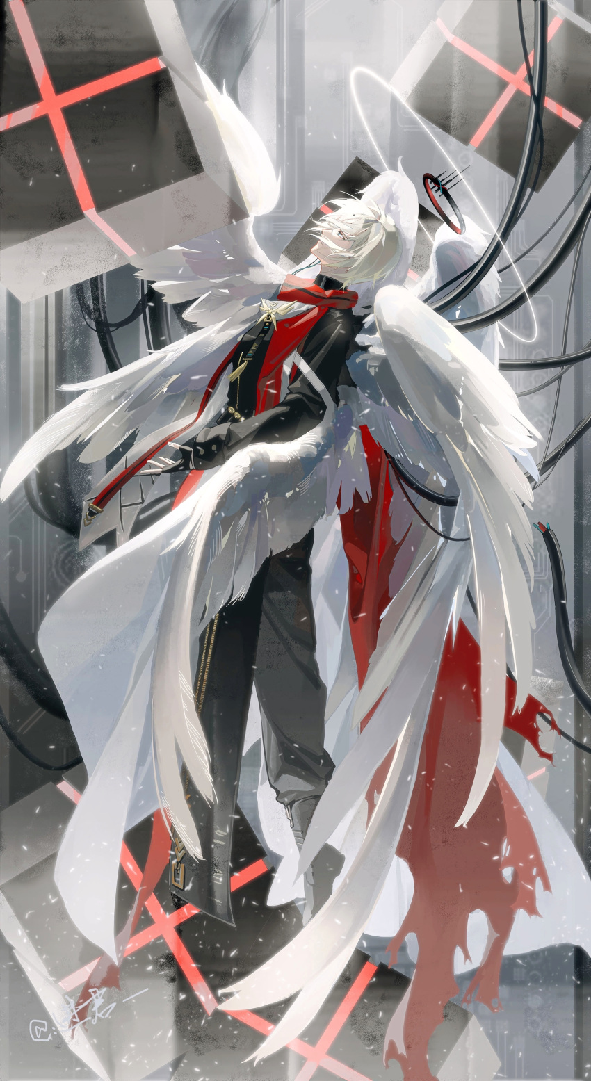 1boy absurdres angel_wings arknights black_footwear black_gloves black_jacket black_pants blonde_hair blue_eyes cable cape closed_mouth executor_(arknights) executor_the_ex_foedere_(arknights) expressionless feathered_wings fingerless_gloves fingernails from_side gloves halo highres jacket lapel_pin long_sleeves looking_up male_focus multiple_halos multiple_wings official_alternate_costume pants red_cape red_scarf scarf shoes short_hair sleeve_cuffs solo turece white_wings wings