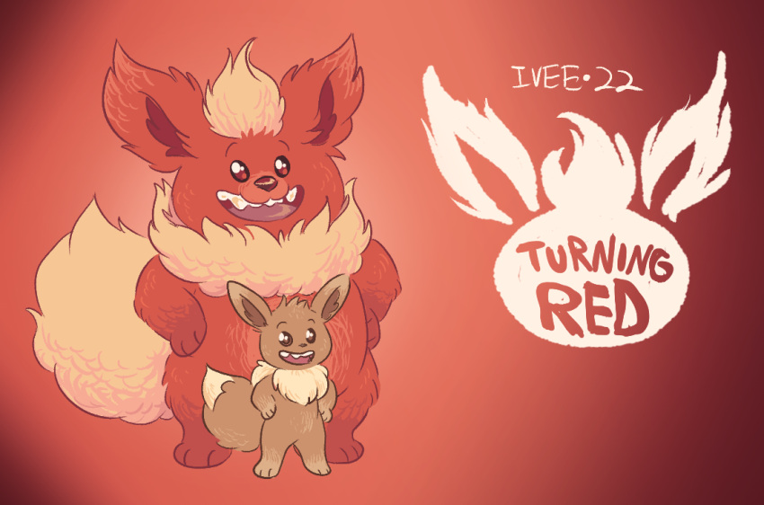 2022 3_fingers 3_toes ambiguous_gender anthro biped brown_body brown_eyes brown_fur dated dipstick_tail disney duo ear_tuft eevee eeveelution english_text eyebrows feet fingers flareon fur generation_1_pokemon head_tuft larger_ambiguous larger_anthro logo mammal mane markings neck_tuft nintendo open_mouth parody pixar pokemon pokemon_(species) red_background red_body red_eyes red_fur shellyochunks signature simple_background size_difference smaller_ambiguous smaller_anthro standing tail tail_markings tail_tuft teeth_showing text toes tongue tuft turning_red