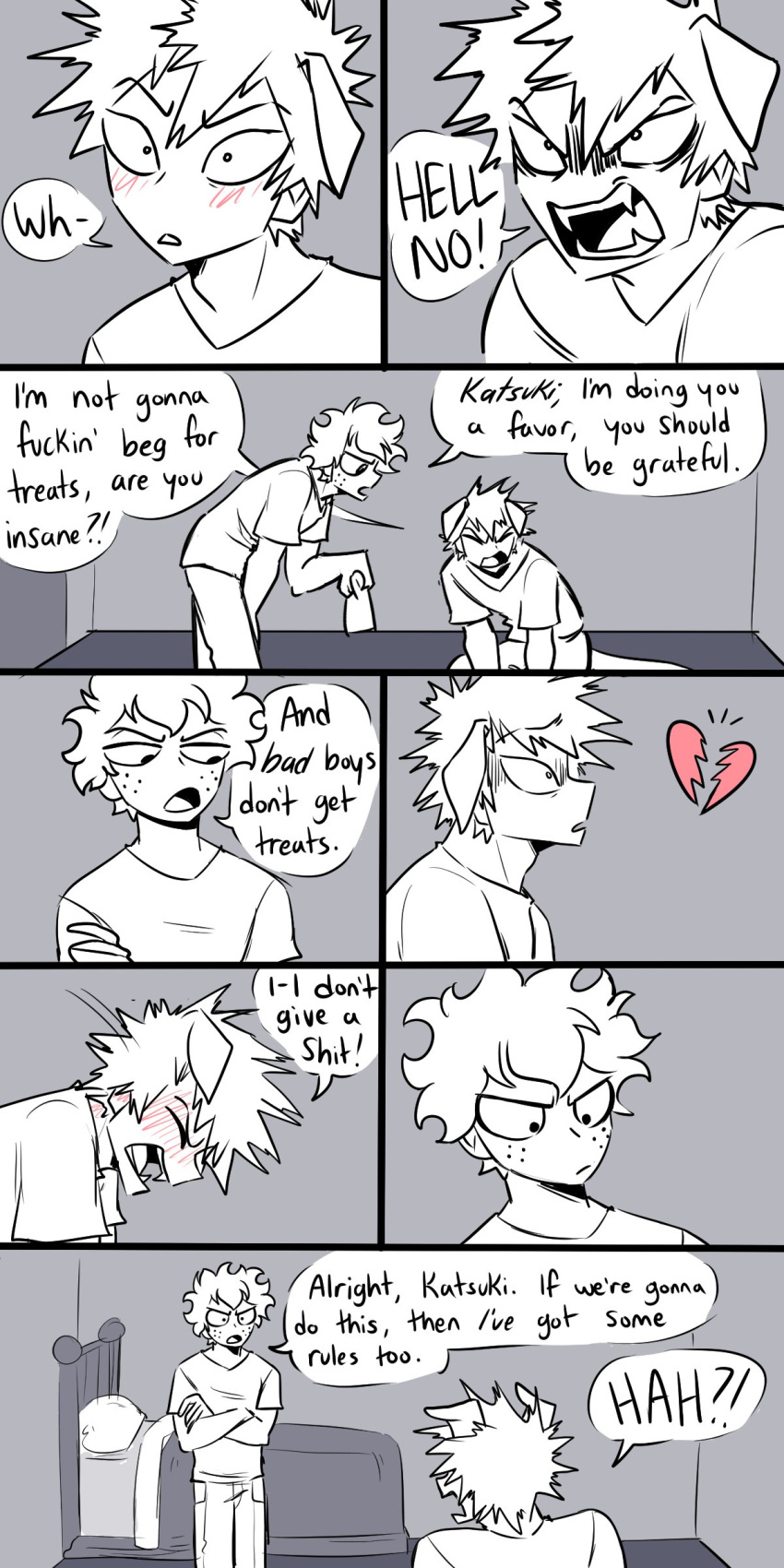 absurd_res animal_humanoid blush canid canid_humanoid canine canine_humanoid clothed clothing comic dialogue dog_humanoid duo english_text fangs floppy_ears fully_clothed greyscale hi_res human humanoid izuku_midoriya katsuki_bakugou male male/male mammal mammal_humanoid monochrome my_hero_academia pretty_werewolf speech_bubble teeth text