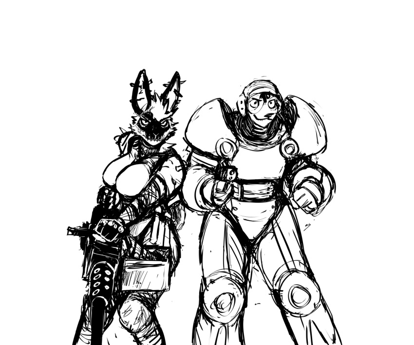 american_opossum anthro armor bethesda_softworks big_breasts black_and_white breasts clothed clothing digital_media_(artwork) duo ear_piercing fallout female fur gun hair hi_res hladilnik holding_object holding_weapon huge_breasts lagomorph leporid machine machine_gun mammal marsupial monochrome piercing power_armor rabbit ranged_weapon simple_background sketch skimpy weapon