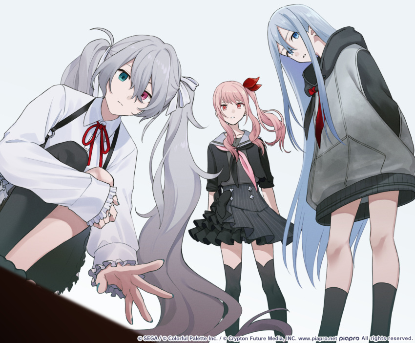 25-ji_miku 3girls akiyama_mizuki androgynous arms_behind_back blue_eyes bow closed_mouth dress dutch_angle frilled_skirt frilled_sleeves frills grey_hair hair_between_eyes hair_bow hair_ornament hair_ribbon hatsune_miku heterochromia highres hitorinbo_envy_(vocaloid) jacket kneehighs leaning_forward long_hair long_sleeves looking_at_viewer multiple_girls neck_ribbon official_art oversized_clothes pink_eyes pink_hair project_sekai reaching reaching_towards_viewer red_ribbon ribbon rozu_ki sailor_collar school_uniform shirt side_ponytail sidelocks simple_background skirt socks squatting standing thighhighs twintails very_long_hair vocaloid white_background white_hair white_ribbon white_shirt yoisaki_kanade