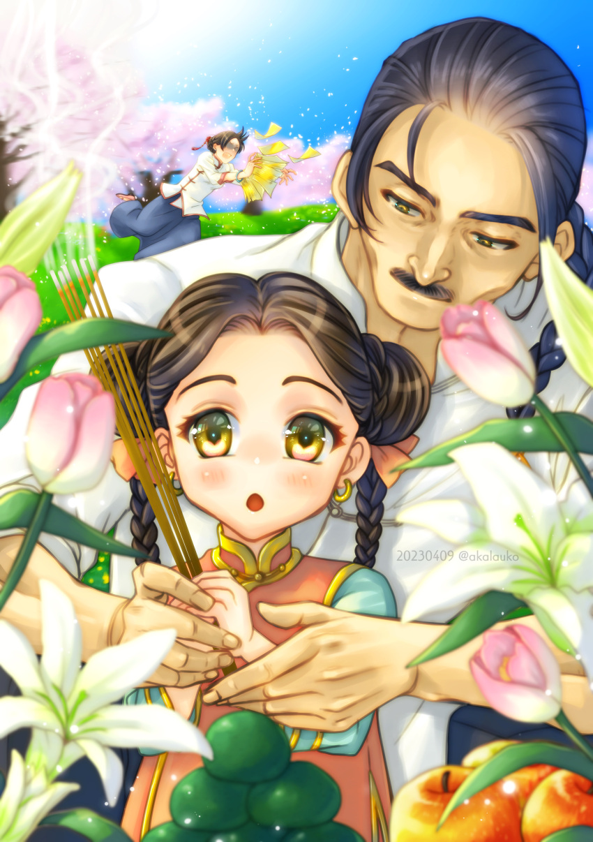 1boy 2girls :o absurdres black_hair blue_sky braid braided_ponytail brown_hair cherry_blossoms chinese_clothes day double_bun earrings facial_hair father_and_daughter flower food fruit hair_bun highres ikeda_tsukasa incense jewelry lau_chan multiple_girls mustache outdoors pai_chan ponytail religious_offering sky twin_braids twintails virtua_fighter yellow_eyes