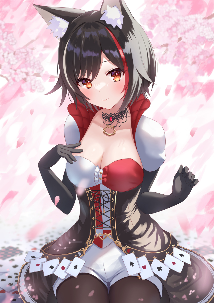 1girl absurdres animal_ear_fluff animal_ears black_gloves black_hair black_sleeves blush breasts brown_pantyhose cherry_blossoms closed_mouth dress gloves highres hololive long_sleeves looking_at_viewer medium_breasts multicolored_hair ookami_mio ookami_mio_(6th_costume) orange_eyes pantyhose red_hair short_hair shorts smile solo togemaru34 virtual_youtuber white_shorts wolf_ears