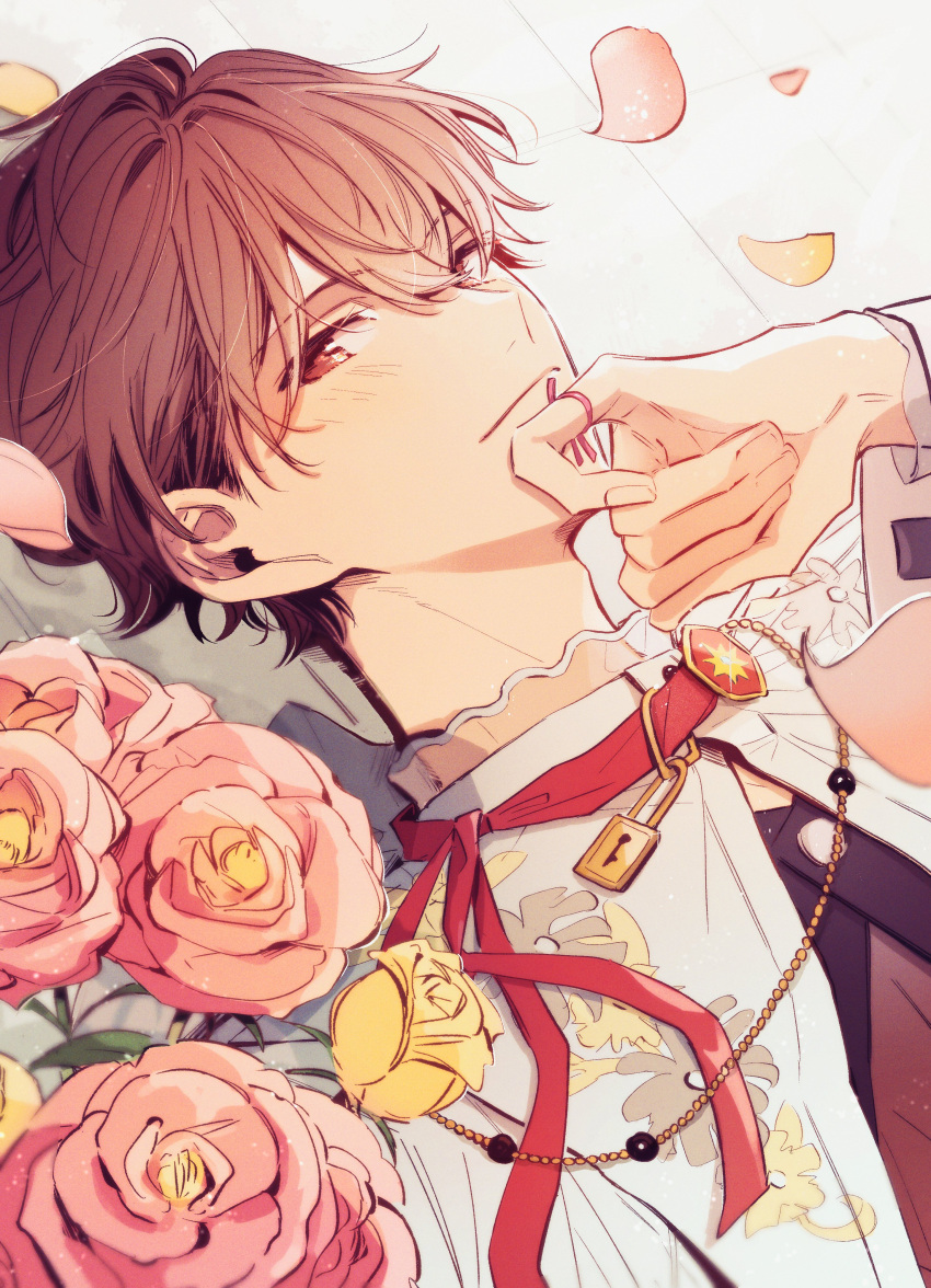 1boy absurdres blush brown_hair closed_mouth commentary ensemble_stars! finger_ribbon fingernails flower hand_up highres long_sleeves looking_at_viewer lying male_focus morisawa_chiaki official_alternate_costume petals pink_flower pink_ribbon red_eyes ribbon rose short_hair smile solo t_238_t yellow_flower yellow_rose