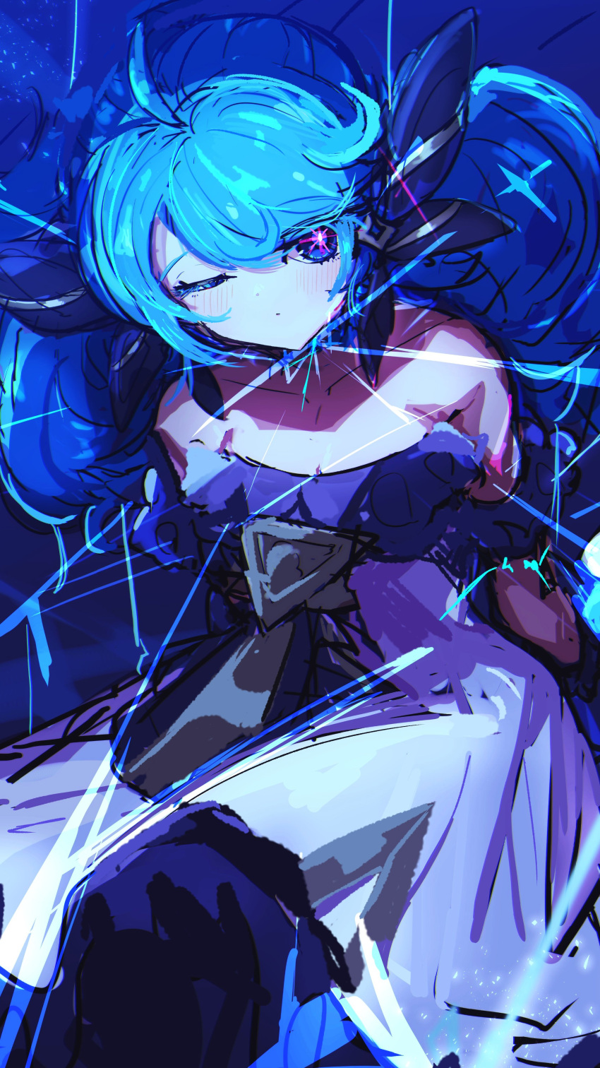 1girl absurdres ahoge bare_shoulders black_bow black_dress black_pantyhose blush bow collarbone detached_sleeves dress green_hair grey_dress gwen_(league_of_legends) hair_bow highres league_of_legends looking_at_viewer monakan_japan one_eye_closed pantyhose sitting solo twintails