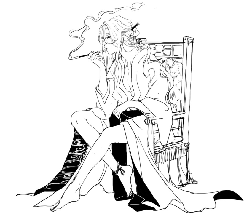 1boy anklet armchair bare_legs barefoot bungou_to_alchemist chair expressionless full_body greyscale hair_between_eyes hair_ornament hair_stick holding holding_smoking_pipe ichimoku_(tansio5) japanese_clothes jewelry kimono kiseru long_hair long_sleeves looking_ahead male_focus monochrome open_clothes open_kimono parted_lips ponytail profile sash sidelocks simple_background sitting smoke smoking smoking_pipe solo tanizaki_junichirou_(bungou_to_alchemist) white_background wide_hips