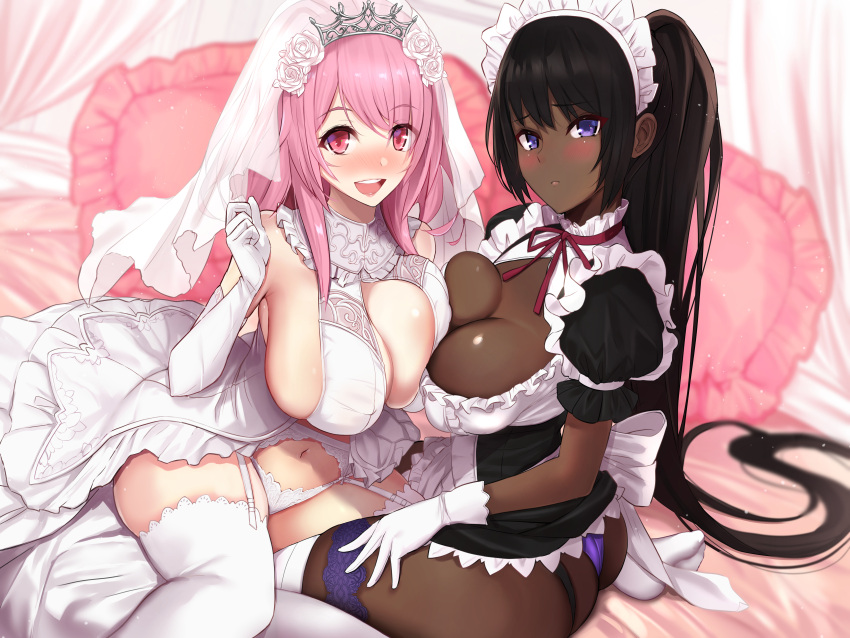 2girls :d absurdres apron ass bare_shoulders bed bed_sheet black_dress black_hair blush breast_press breasts bridal_veil cleavage cleavage_cutout clothing_cutout dark-skinned_female dark_skin dress elbow_gloves frills garter_belt garter_straps gloves highres large_breasts long_hair looking_at_viewer maid maid_headdress multiple_girls navel on_bed open_mouth original panties pillow pink_eyes pink_hair ponytail puffy_short_sleeves puffy_sleeves purple_eyes short_dress short_sleeves sitting smile teeth thighhighs thighs thong tiara underwear untue upper_teeth_only veil very_long_hair waist_apron white_apron white_dress white_gloves white_thighhighs