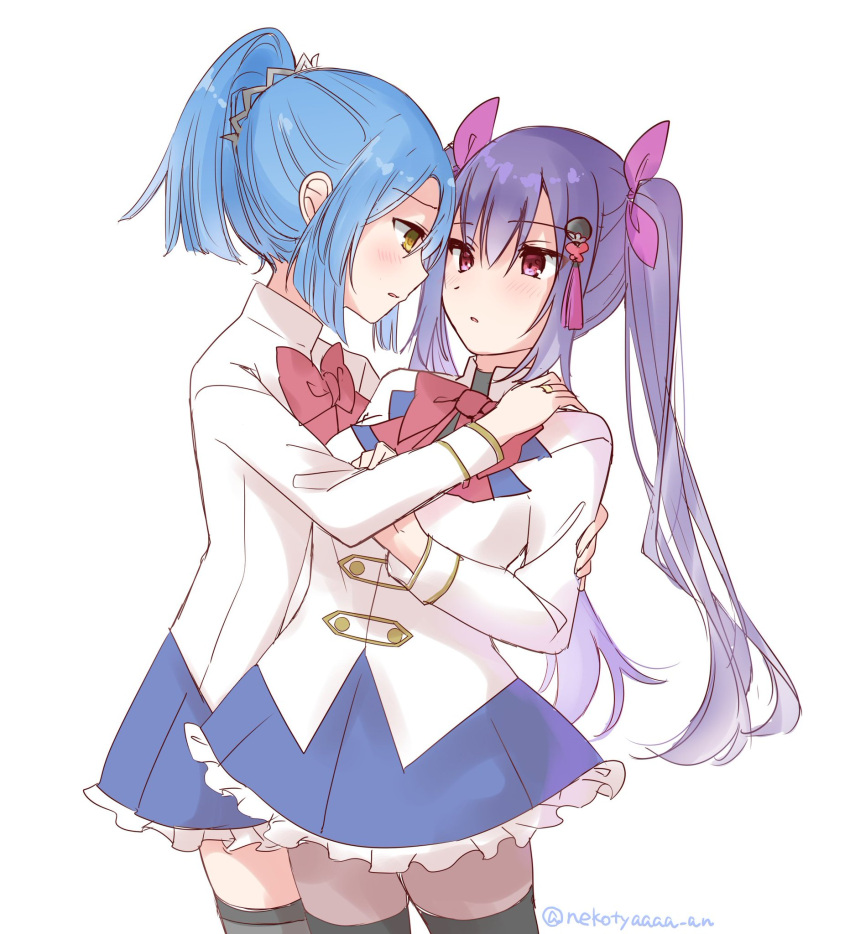 2girls assault_lily benini black_thighhighs blue_hair blue_skirt blush bow bowtie breasts buttons commentary_request cowboy_shot eye_contact face-to-face frilled_skirt frills hair_between_eyes hair_ornament hair_ribbon hand_on_another's_arm hand_on_another's_shoulder hand_up hands_up herensuge_girls_academy_school_uniform high_ponytail highres jacket jewelry long_hair long_sleeves looking_at_another makino_mitake matsumura_fuuka medium_breasts miniskirt multiple_girls pantyhose parted_lips pink_eyes pink_ribbon ponytail profile purple_hair red_bow red_bowtie ribbon ring school_uniform short_hair simple_background skirt standing tassel tassel_hair_ornament thighhighs thighhighs_over_pantyhose twintails twitter_username very_long_hair white_background white_jacket yellow_eyes yuri zettai_ryouiki