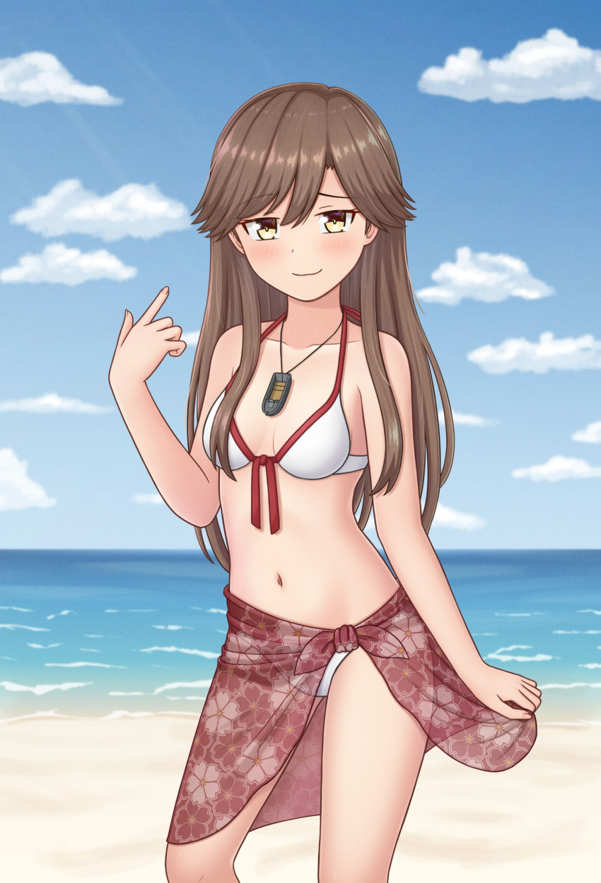 1girl alternate_costume arashio_(kancolle) beach bikini blue_sky brown_eyes brown_hair cloud day feet_out_of_frame floral_print front-tie_bikini_top front-tie_top highres horizon index_finger_raised jewelry kantai_collection konato_k long_hair necklace ocean outdoors red_sarong sarong sky solo standing swimsuit white_bikini