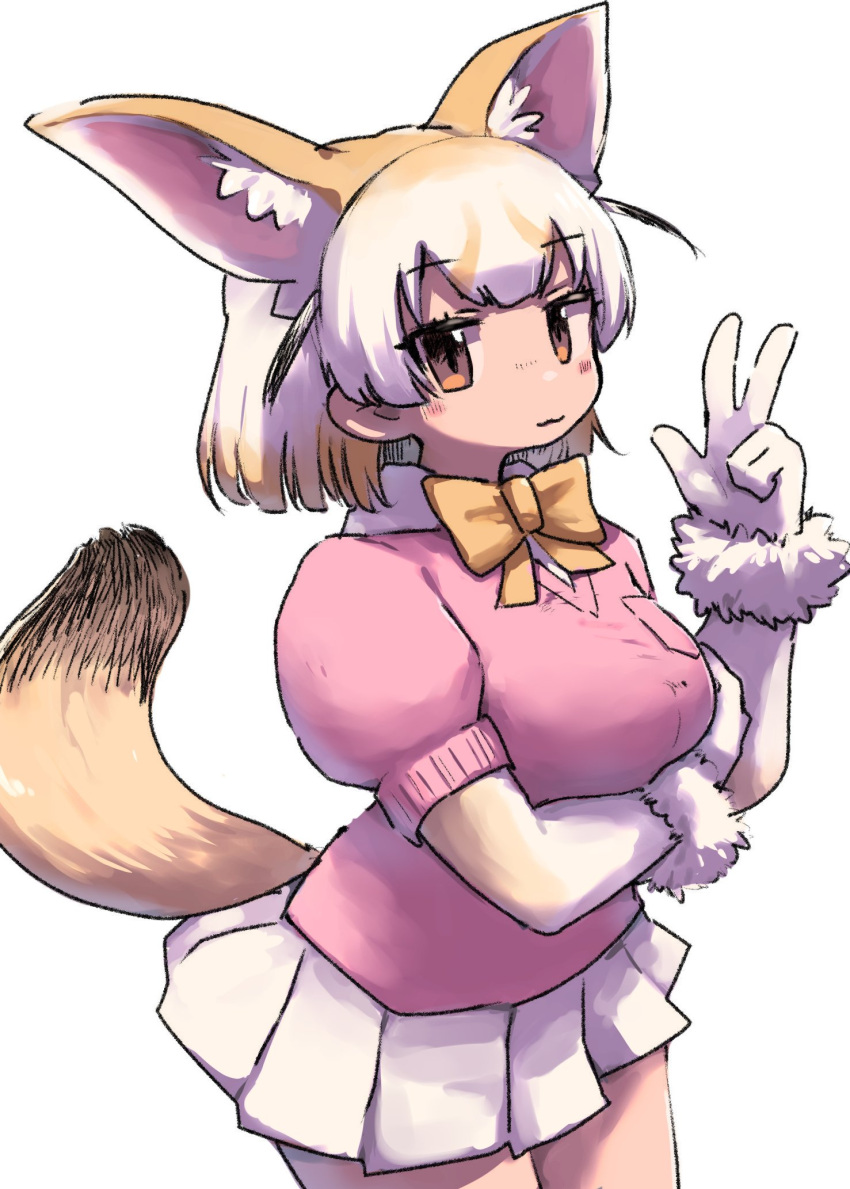 1girl animal_ear_fluff animal_ears arm_under_breasts black_hair bow bowtie breasts closed_mouth fennec_(kemono_friends) gloves highres kemono_friends large_breasts looking_at_viewer multicolored_hair orange_eyes orange_hair pleated_skirt puffy_sleeves short_hair short_sleeves simple_background skirt solo tail w white_background white_gloves white_hair white_skirt yachima_tana