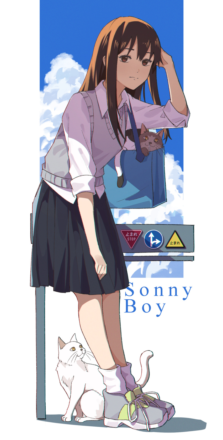 1girl absurdres bag black_skirt brown_eyes brown_hair cat cloud copyright_name day gen_(sonny_boy) grey_footwear grey_sweater_vest highres in_bag in_container jl_tan mizuho_(sonny_boy) outdoors road_sign sakura_(sonny_boy) shirt shoes sign skirt socks sonny_boy standing sweater_vest tora_(sonny_boy) white_shirt white_socks yellow_eyes