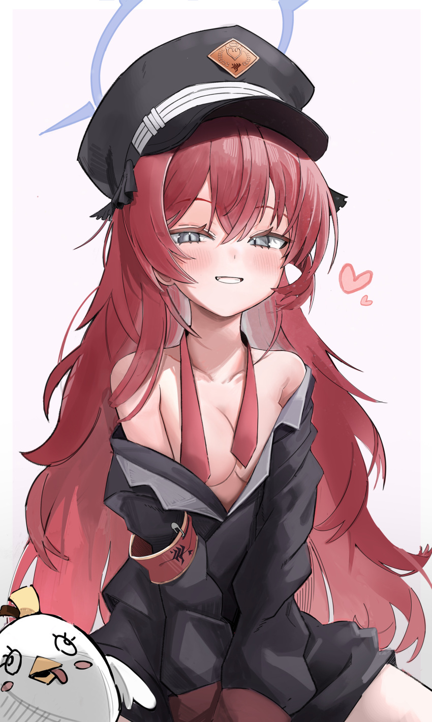 1girl absurdres bare_shoulders black_headwear black_shirt blue_archive blue_halo blush breasts chanho3213 clenched_teeth collarbone gradient_background grey_eyes grin hair_between_eyes halo hat heart highres iroha_(blue_archive) long_hair looking_at_viewer medium_breasts off-shoulder_shirt off_shoulder peroro_(blue_archive) pink_background red_hair shirt smile solo teeth