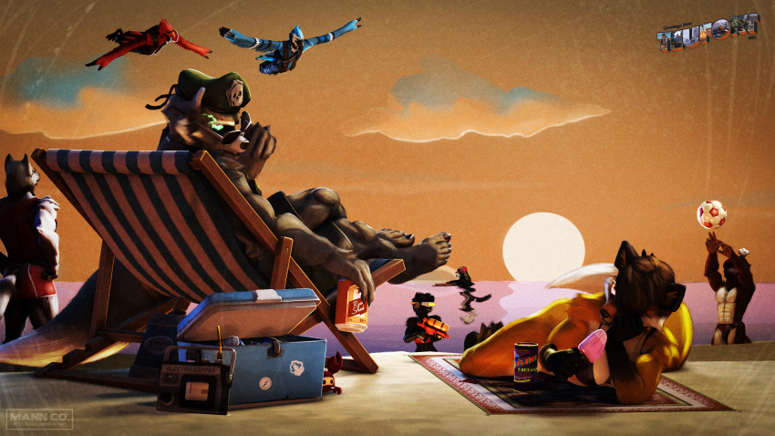 3d_(artwork) absurd_res anthro arm_tuft arthropod avian avian_feet ball beach beach_ball beach_blanket beach_chair beach_towel beak beret beverage_can bird black_body black_feathers black_fur blue_body blue_feathers blue_jay brown_body brown_fur canid canine canis cardinal_(bird) cinder_(huskytheprotogen) claws clothing cooler corvid crab crockett_(huskytheprotogen) crustacean decapoda dessert digital_media_(artwork) epic_games eyewear facial_tuft feathers felid female fennix_(fortnite) flask flying food fortnite fox fur glowing glowing_eyes green_beret grey_body grey_fur group halftone_dots hat headgear headwear hi_res huskytheprotogen ice_cream inflatable inner_ear_fluff jay_(bird) lime_eyes logo lying malacostracan male mammal marine new_world_jay northern_cardinal on_front orange_body orange_fur oscine pantherine passerine petruz_(copyright) popsicle postcard procyonid raccoon radio red_body red_feathers red_fox seaside shoulder_tuft source_filmmaker spycrab sticker stickers sunglasses sunglasses_on_face sunset surfboard swimming_trunks swimwear tam_o'shanter team_fortress_2 topwear towel toy toy_gun tuft valve vest vintage water_gun were werecanid werecanine werewolf white_body white_feathers white_fur wolf wrist_tuft yellow_eyes